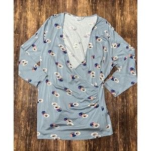Boden Faux Wrap Surplice Top size 18 Blue Floral 3/4 Sleeve Stretch